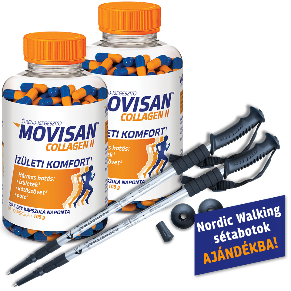 Natural Pharmaceuticals Movisan™ Collagen II Két üveg Movisan™ Collagen II étrend-kiegészítő, mellette egy készlet Nordic walking botok cserélhető hegyekkel. A jobb alsó sarokban a felirat olvasható: „Nordic Walking sétabotok AJÁNDÉKBA!”.