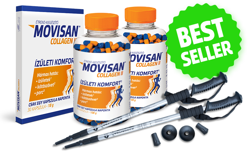 Natural Pharmaceuticals Movisan™ Collagen II Movisan™ Collagen II étrend-kiegészítő készlet, zöld „BEST SELLER” jelvénnyel ellátva. A készlet tartalmaz egy kartondobozt, két kapszulás flakont (kék és narancssárga), valamint egy készlet túrabotot tartozékokkal.