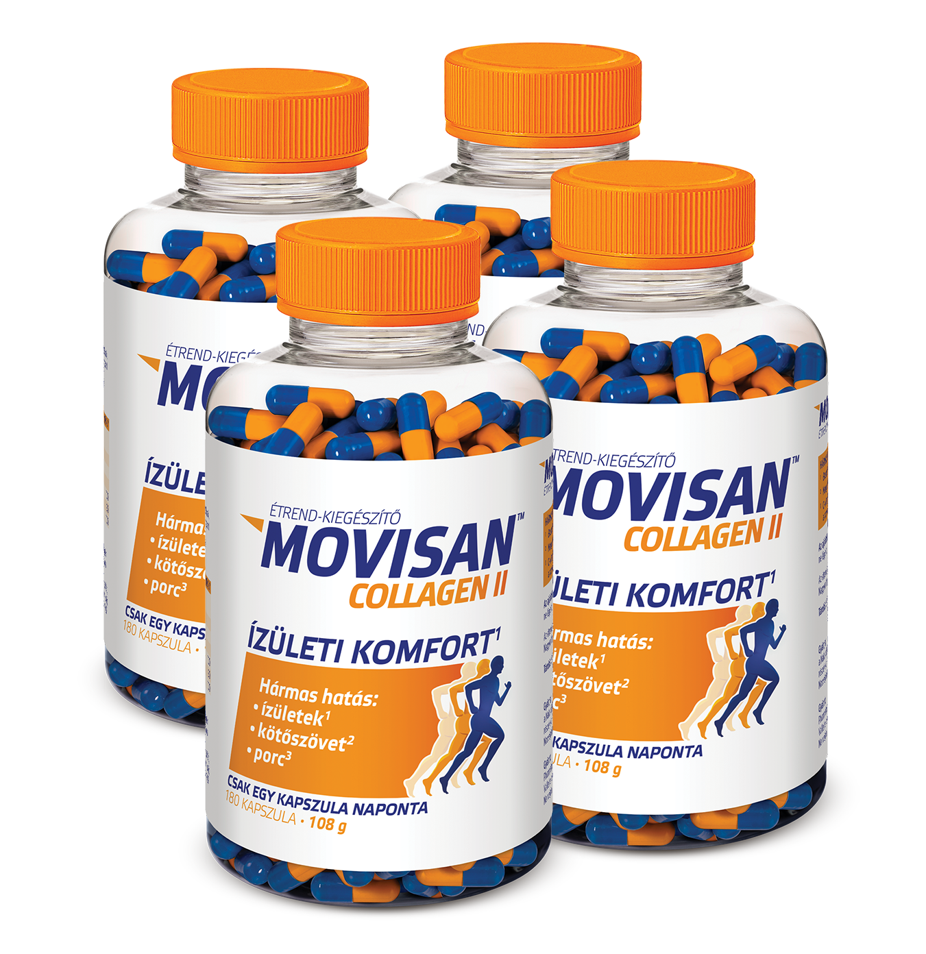 Natural Pharmaceuticals Movisan™ Collagen II Négy üveg Movisan™ Collagen II étrend-kiegészítő narancssárga és kék kapszulával. A címke állítása szerint hármas hatású: az ízületekre, a kötőszövetre és a porcokra. Minden üveg 180 kapszulát tartalmaz.