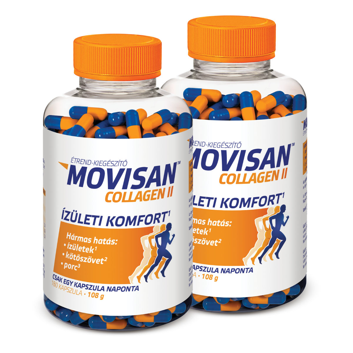 Natural Pharmaceuticals Movisan™ Collagen II Két üvegMovisan™ Collagen II kapszula ízület- és kötőszöveti egészség támogatására, narancssárga-kék kapszulákkal.