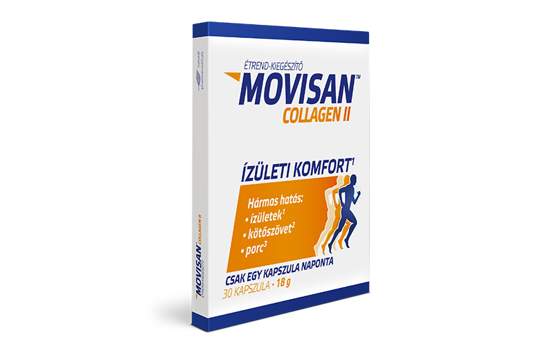 Natural Pharmaceuticals Movisan™ Collagen II A Movisan™ Collagen II étrend-kiegészítő csomagolása. Az előlapon az áll, hogy „Ízületi Komfort”, és azt állítja, hogy hármas hatást fejt ki: az ízületekre, a kötőszövetekre és a porcokra.