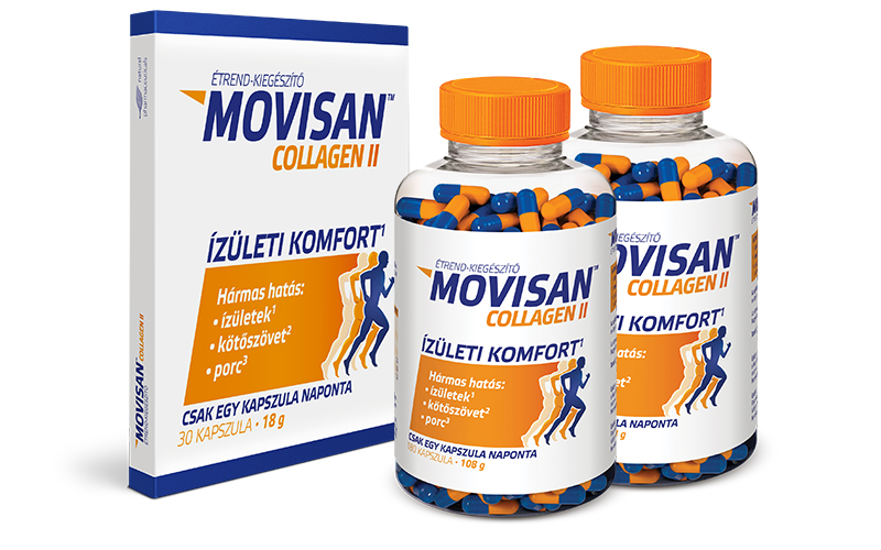 Natural Pharmaceuticals Movisan™ Collagen II Movisan™ Collagen II étrend-kiegészítő készlet: egy kartondoboz és két üveg kapszula kék és narancssárga színben. A címke állítása szerint hármas hatású: az ízületekre, a kötőszövetekre és a porcokra.