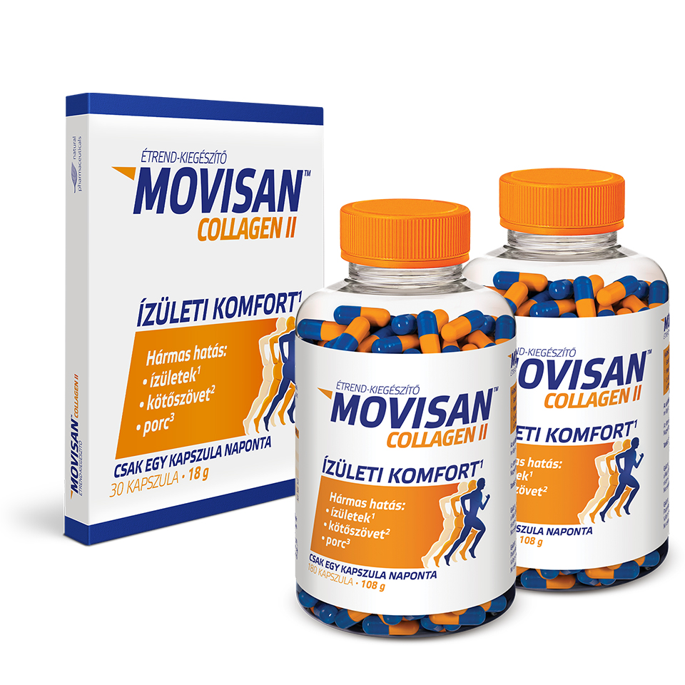 Natural Pharmaceuticals Movisan™ Collagen II Movisan™ Collagen II étrend-kiegészítő készlet: egy kartondoboz és két üveg kapszula kék és narancssárga színben. A címke állítása szerint hármas hatású: az ízületekre, a kötőszövetekre és a porcokra.
