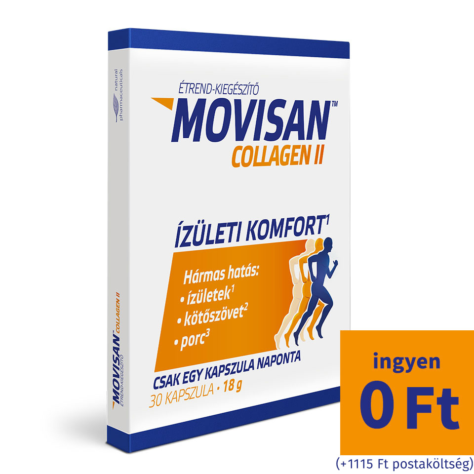 Natural Pharmaceuticals Movisan™ Collagen II A Movisan™ Collagen II étrend-kiegészítő csomagolása a jobb alsó sarokban az ingyenes promóciós ajánlatra utaló narancssárga „ingyen 0 Ft” felirattal (a „+1 115 Ft”, azaz a postaköltség megjegyzéssel).